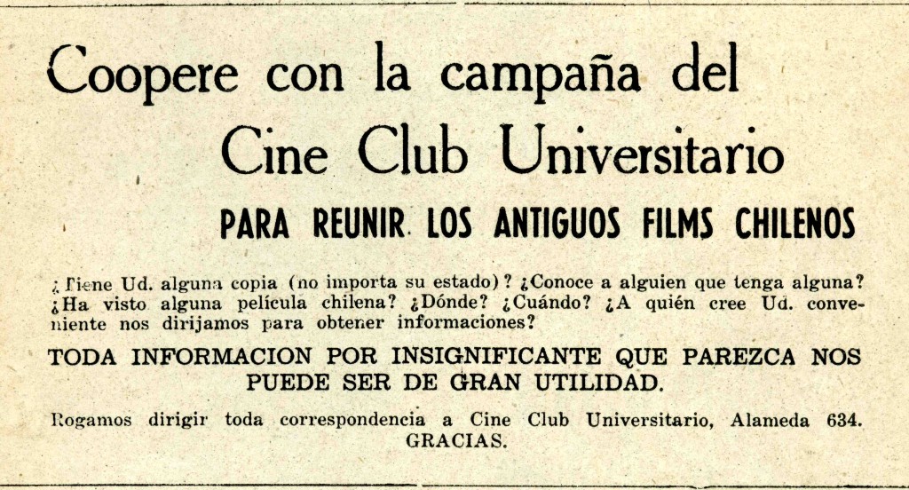 Campaña de recuperación de archivos. Cine Club de la Universidad de Chile. 1954